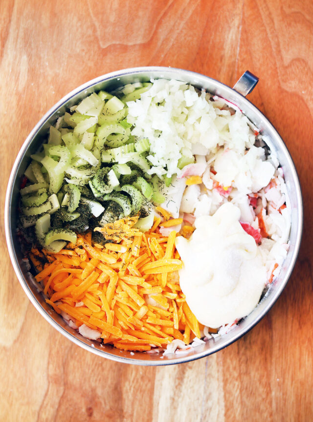 Ingredients needed to make imitation crab salad (deli-style)
