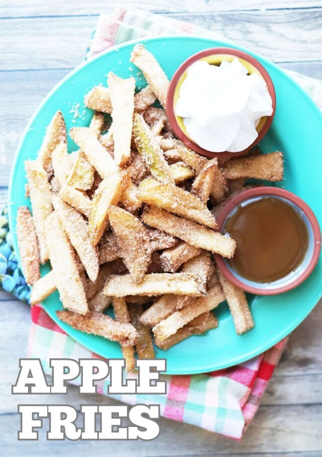 Apple fries recipe with caramel sauce and whipped cream