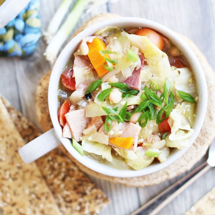 Ham and cabbage soup with potatoes and beans