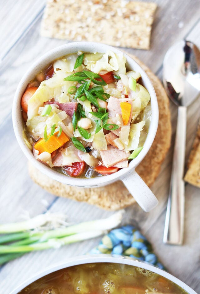 Ham and cabbage soup with potatoes and beans